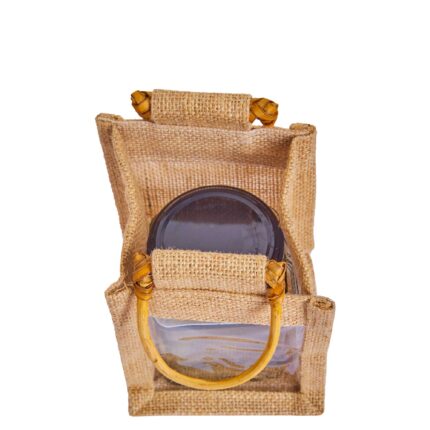 Small Burlap Jute Gift Bag with Cane Handle & PVC Window